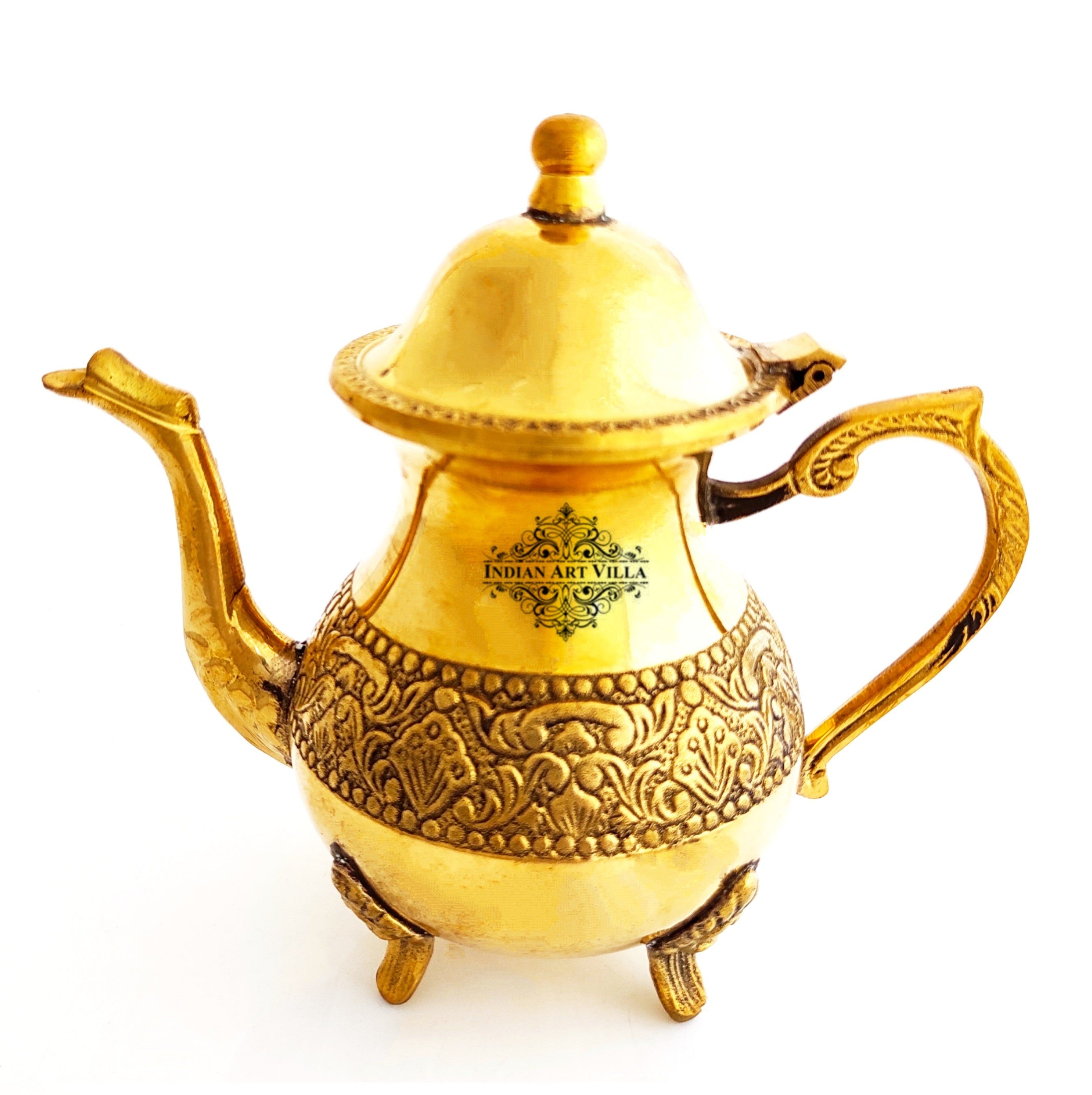 Designer Embossed Mughlai Brass Tea Kettle Pot Inside Tin Lining, Serving Tea Coffee, Tableware, 500 ML